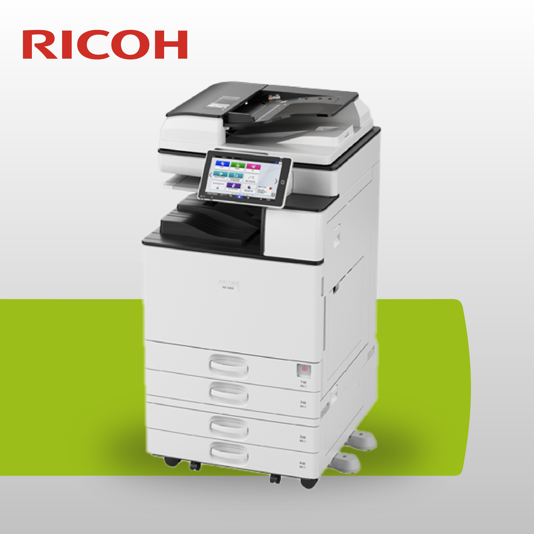 Stampante multifunzione professionale Ricoh a colori formato A3 con quattro cassetti carta e display touch.