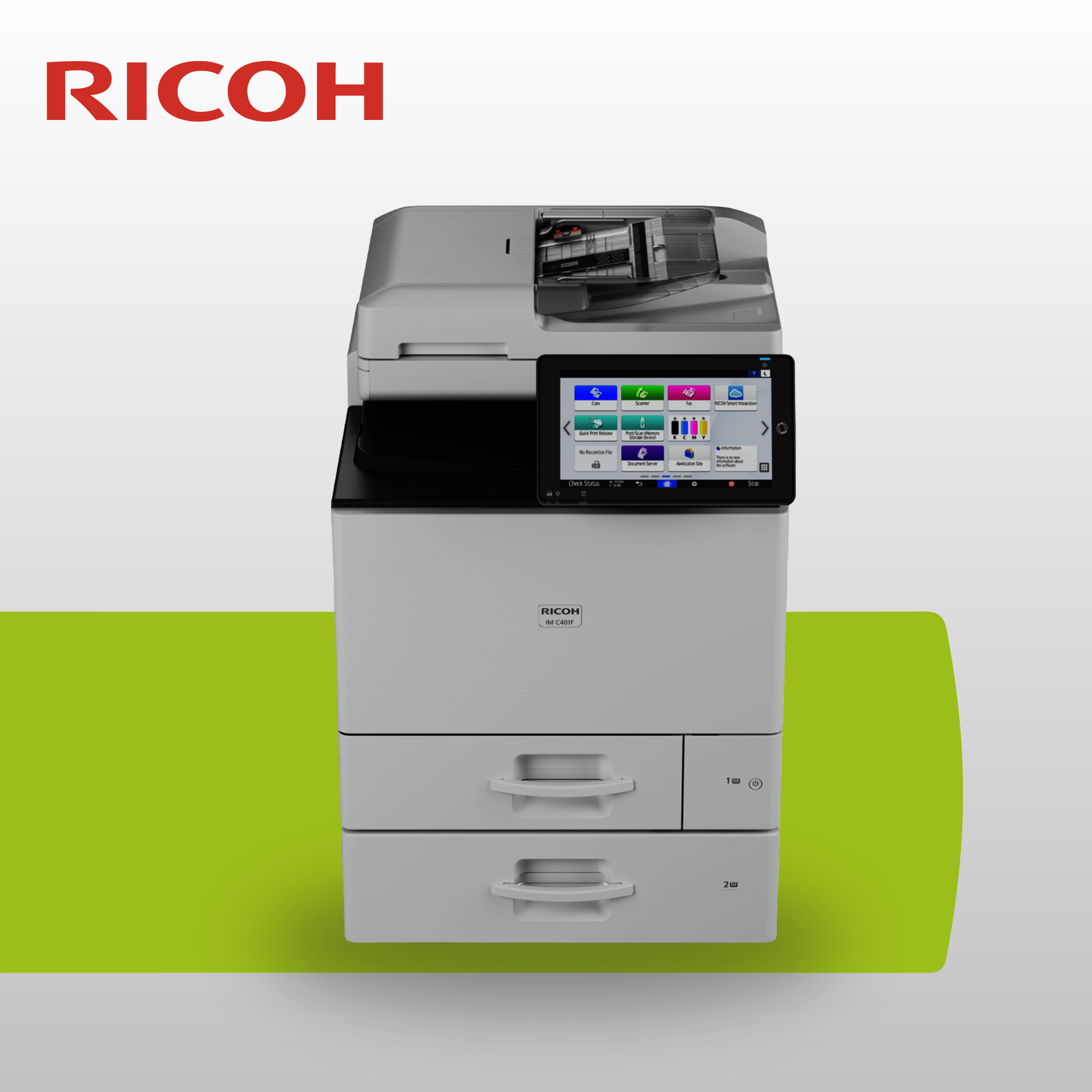 Stampante multifunzione Ricoh A4 a colori compatta con doppio cassetto carta e ampio display touch screen.