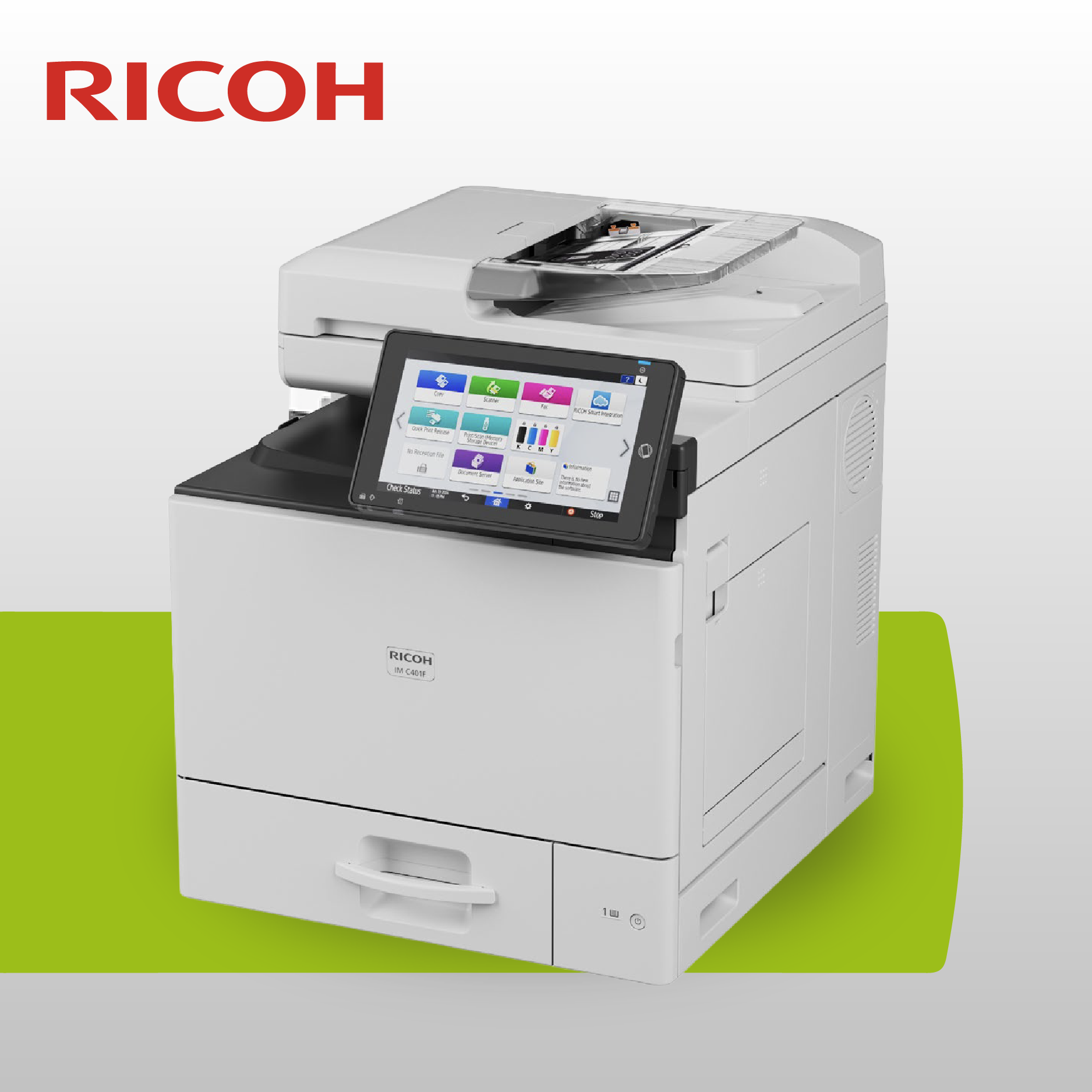Stampante multifunzione laser Ricoh a colori con grande pannello di controllo touch-screen digitale.