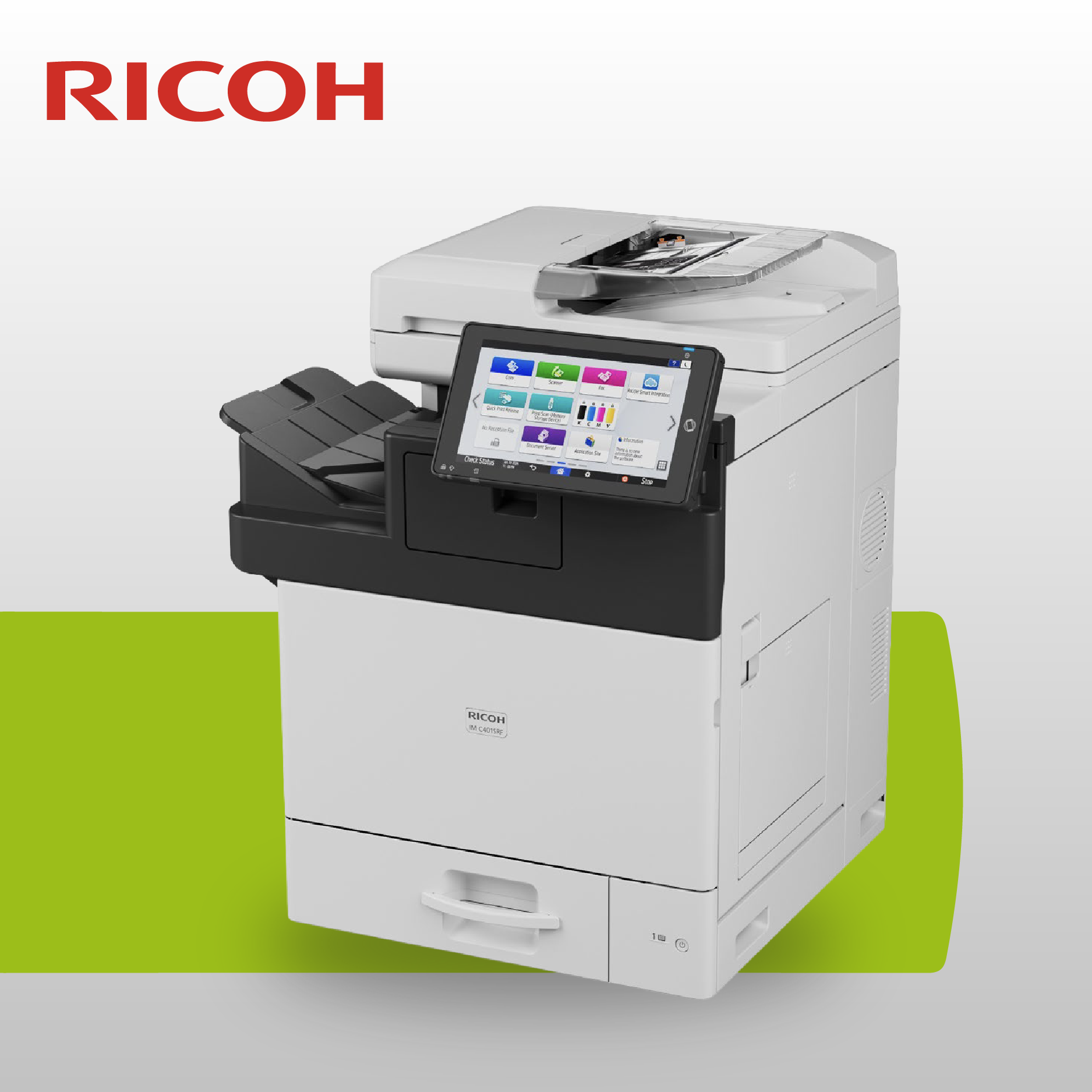Stampante multifunzione Ricoh A4 a colori con vassoio di uscita laterale e pannello touch screen avanzato.