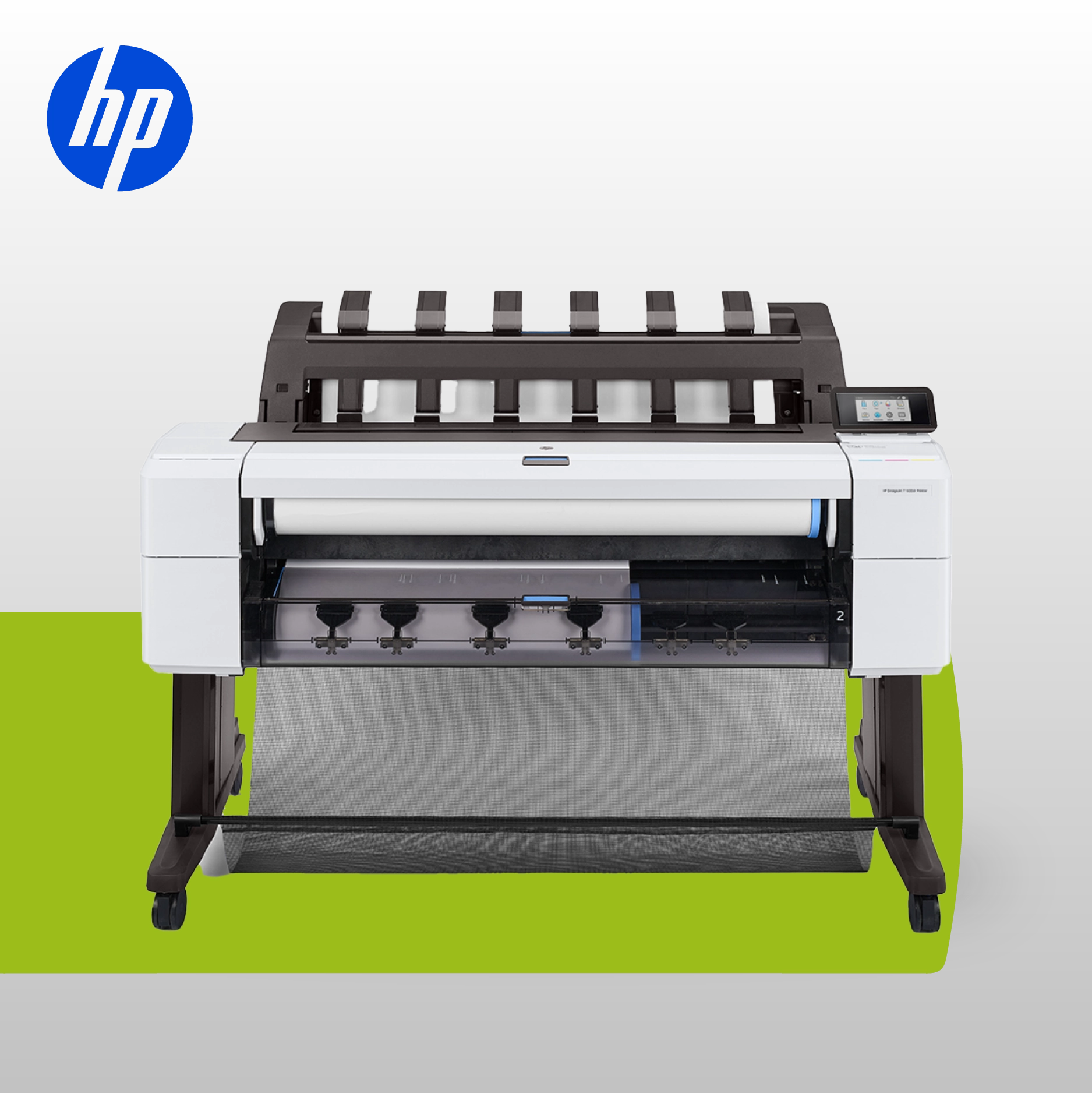 Stampante plotter HP DesignJet professionale di grande formato per stampe tecniche e grafiche su sfondo bianco e verde.