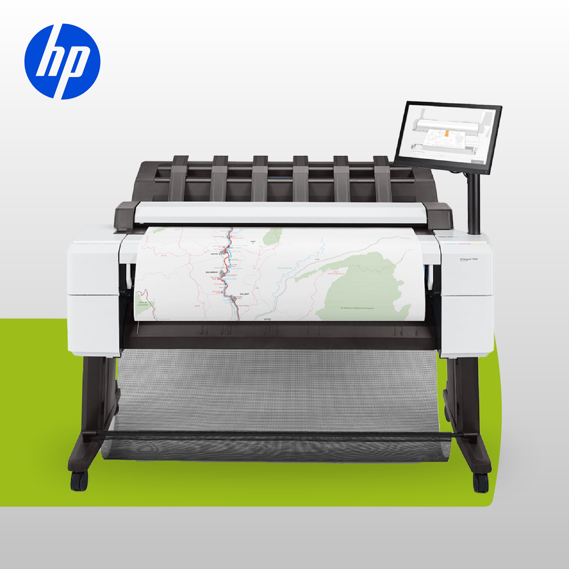 Plotter HP DesignJet con monitor touch-screen integrato che stampa una mappa topografica a colori.